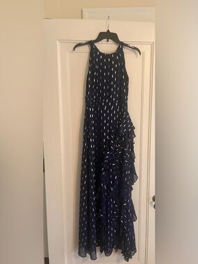 Betsy Adam Blue and gold Printed Halter Ruffle Maxi Dress